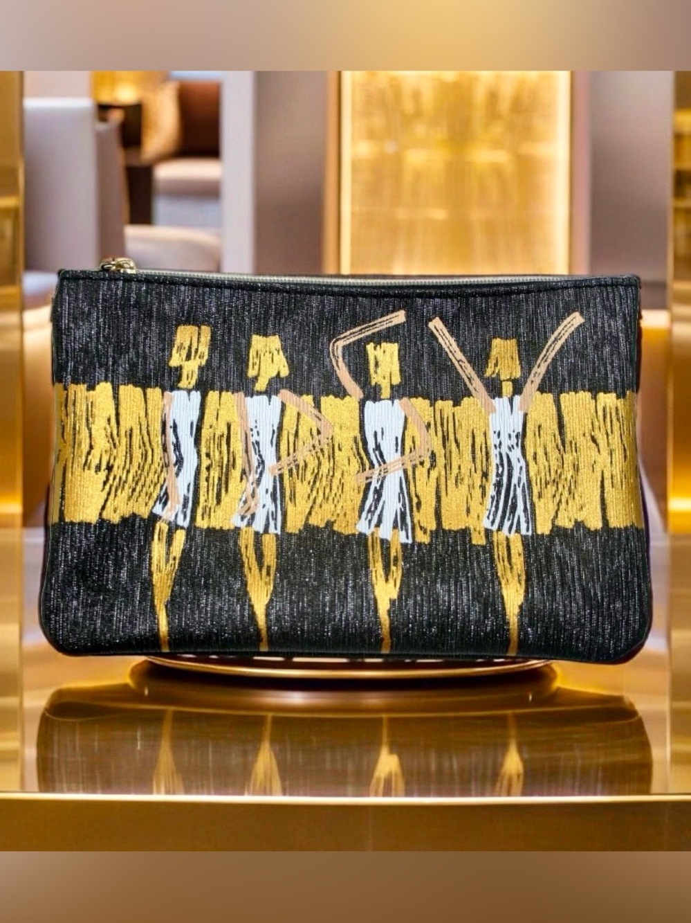 IPSY Gray & Gold Metallic Dance Motif Cosmetic Bag | Travel Pouch